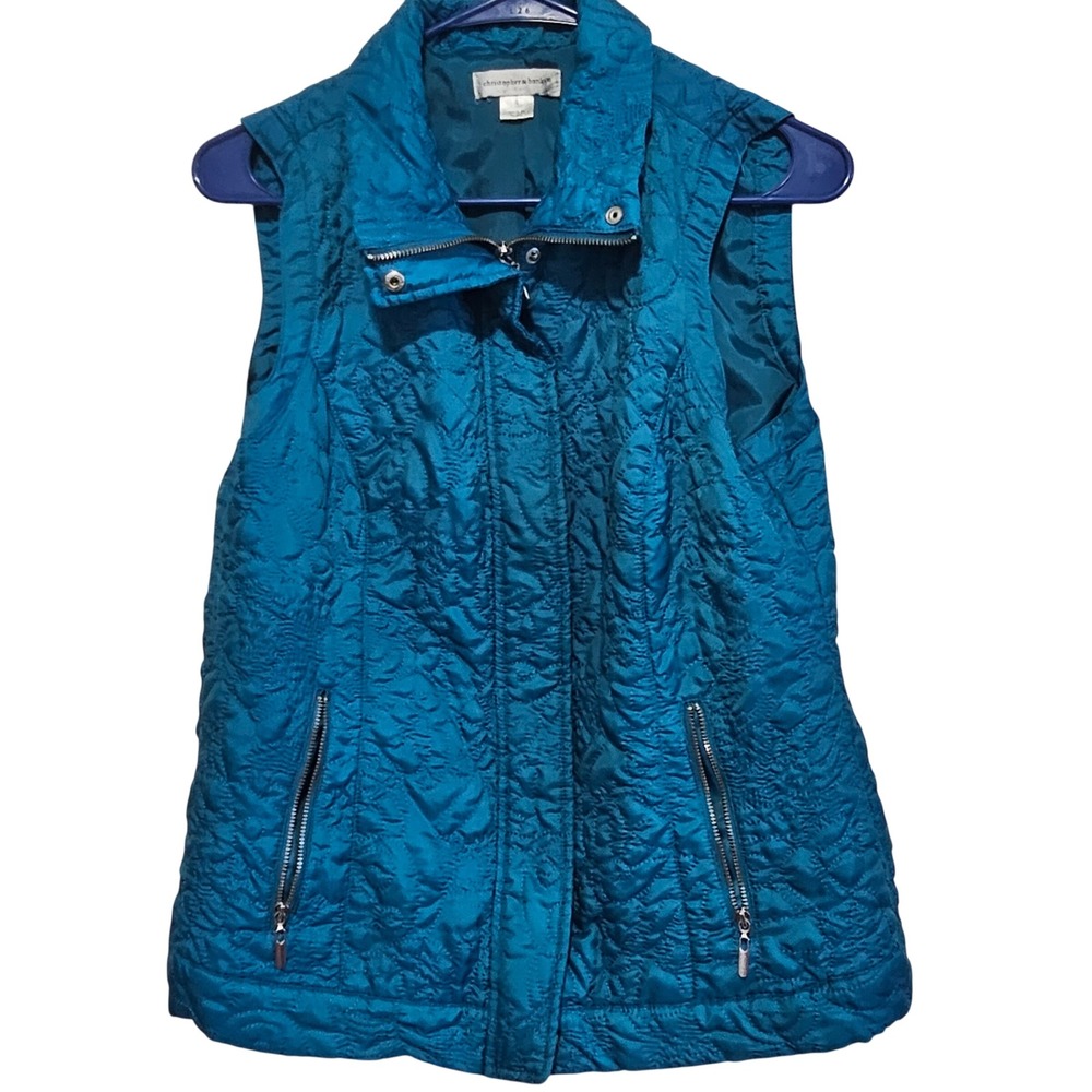 Christopher & Banks Teal Blue Quilted Full Zip Puffer Vest Womens Small Floral